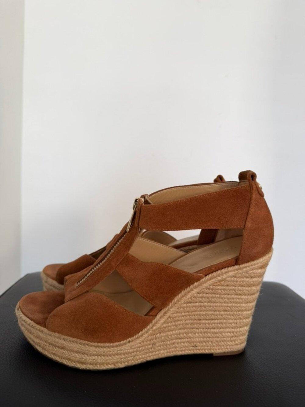 Michael Kors Damita Suede Espadrille Wedge Sandals Zip Front Luggage Brown 8.5
